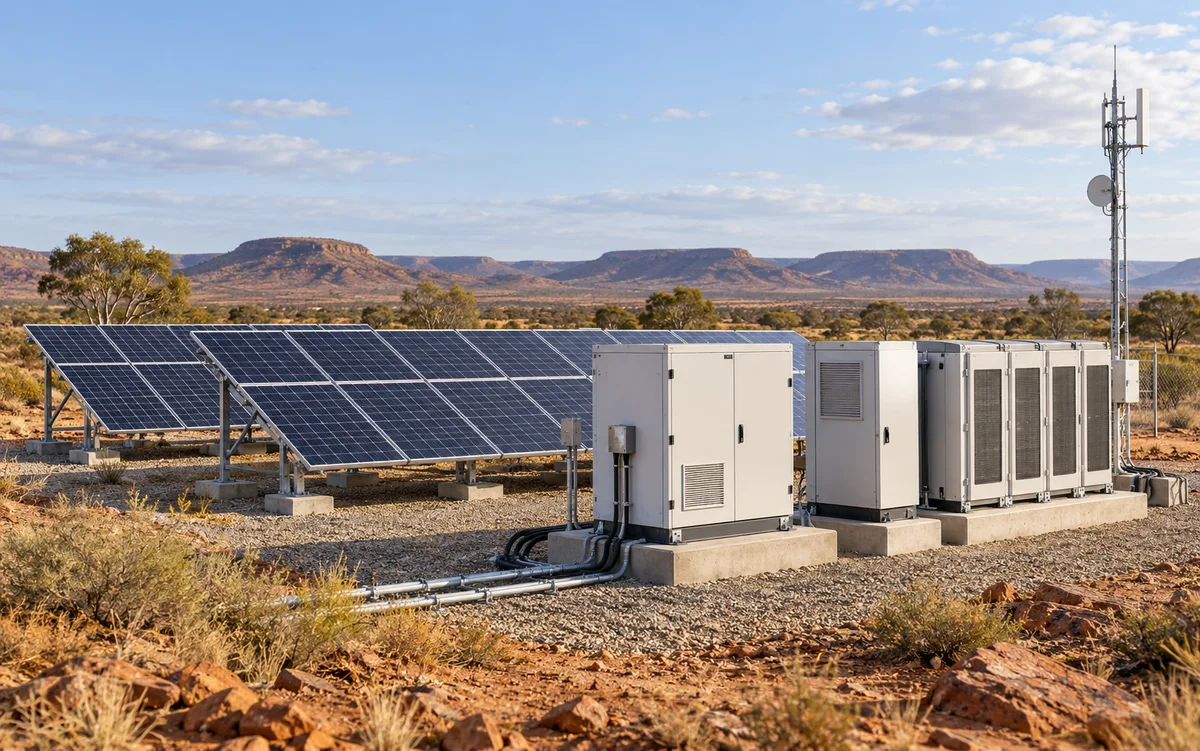 Illustrative view of solar panels and outdoor power and communications cabinets